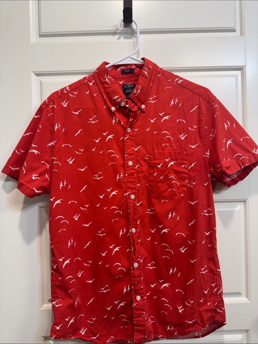 J. Crew Red Short-Sleeve Button-Down Shirt with White Seagull Print